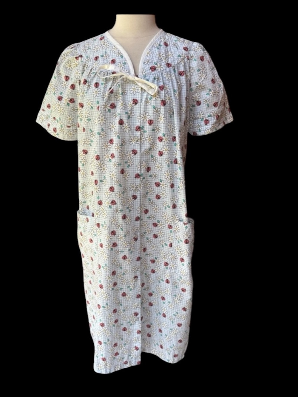 1990s Ashley Taylor Ladybug,‎ Daisy & Gingham Print, Front Snap Down, Housecoat
